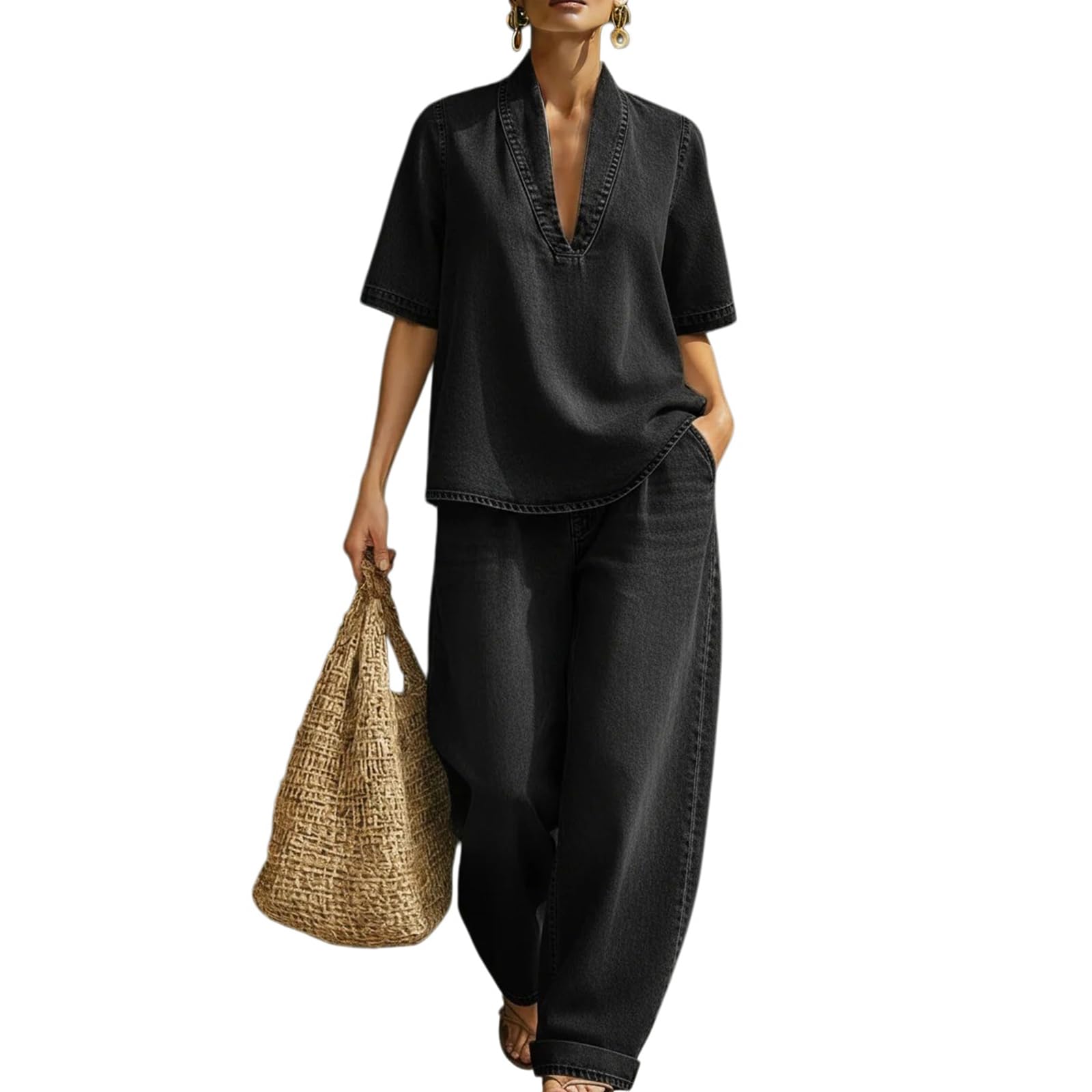 Denim Top & Wide Leg Pants Set