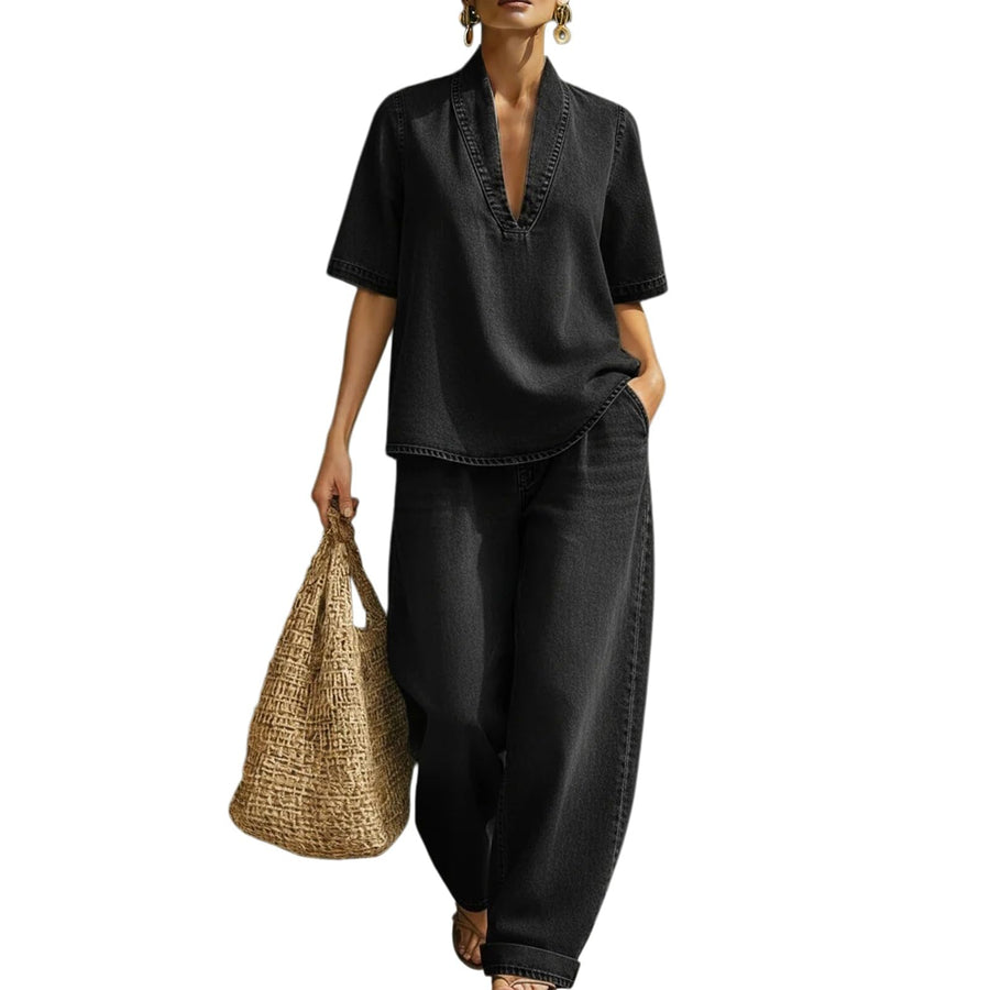 Denim Top & Wide Leg Pants Set