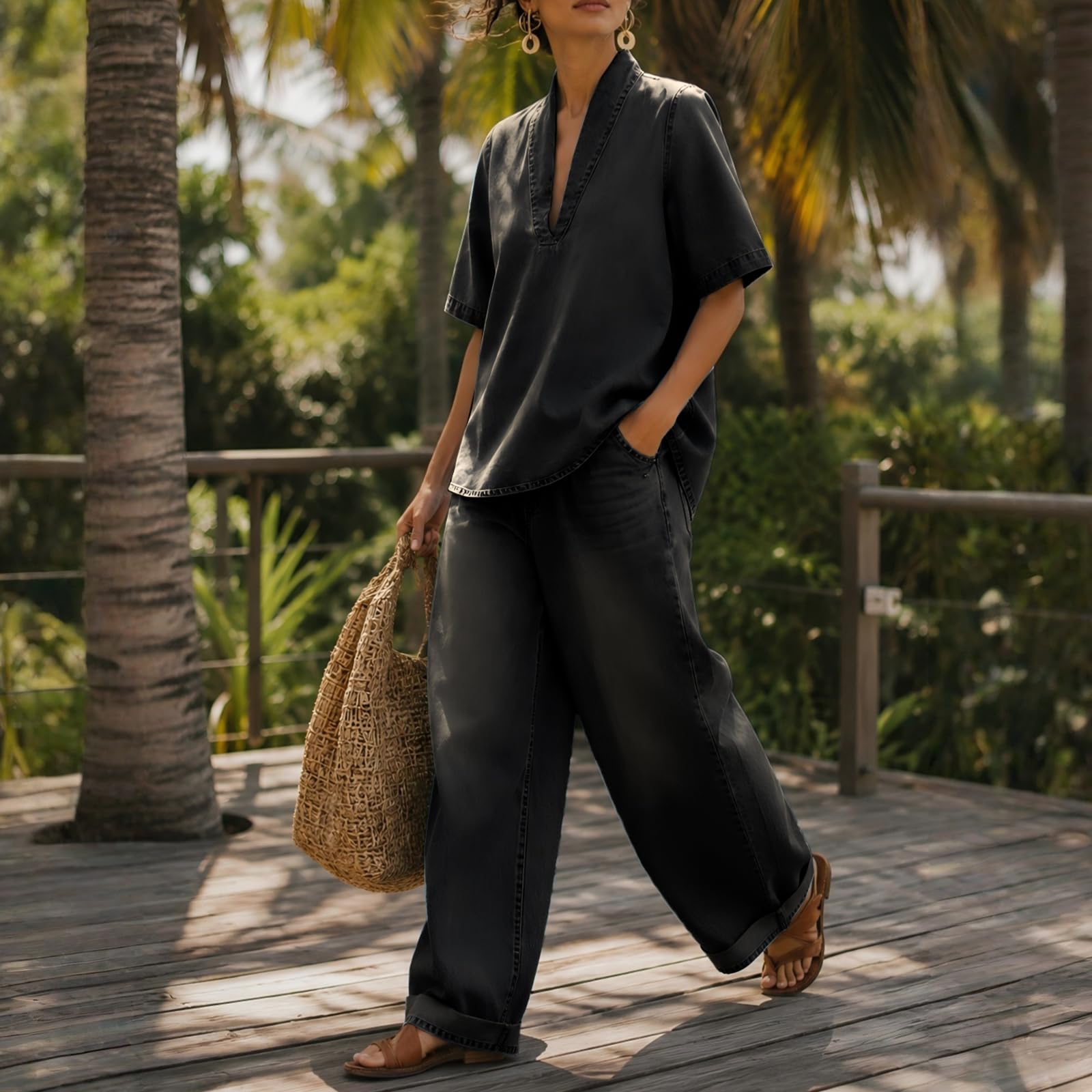 Denim Top & Wide Leg Pants Set